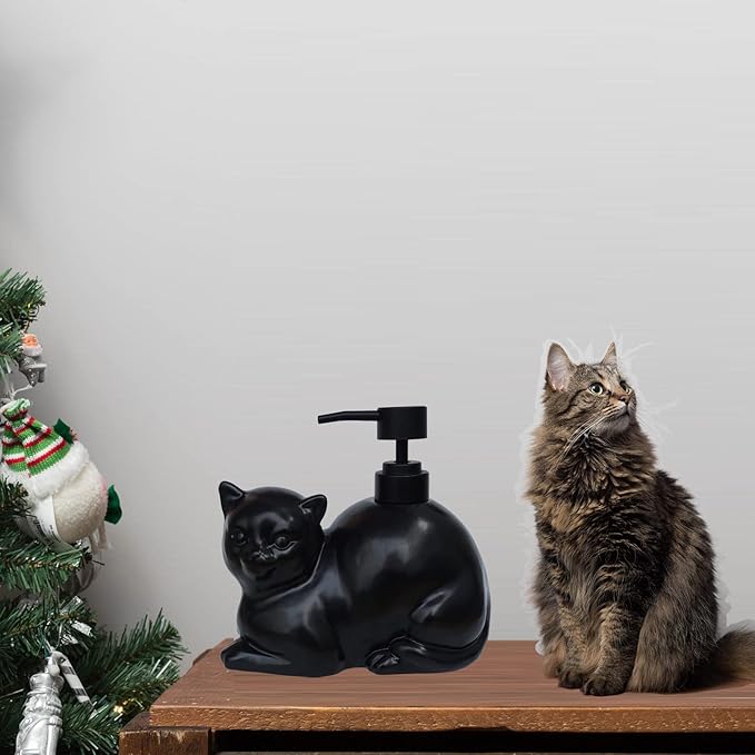 Black Liquid Soap Dispenser, Ceramic Cat, Refillable Wash Liquid Soap Hand Soap for Bathroom Kitchen