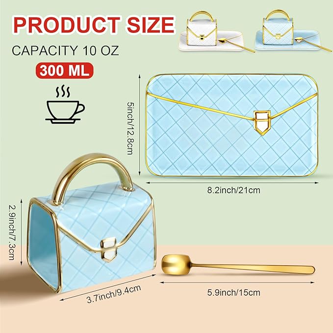 Zubebe 2 Sets Coffee Mug Elegant Handbag Shaped Cup Mother's Day Modern Ceramic Purse Mug with Spoon and Saucer, 10oz Cute Creative Tea Cup for Woman Girls Gift (White,Blue)