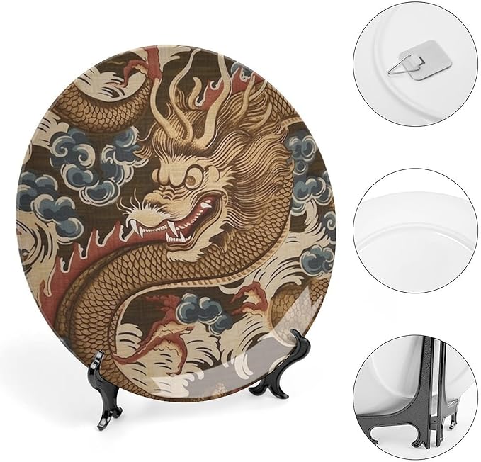 Dragon Gold Oriental Style Asian Ceramic Decorative Plate for Display Office Art Decoration Supplies Home Housewarming Gifts Holiday Party Decorations Customize Gifts for Men Women Anniversary