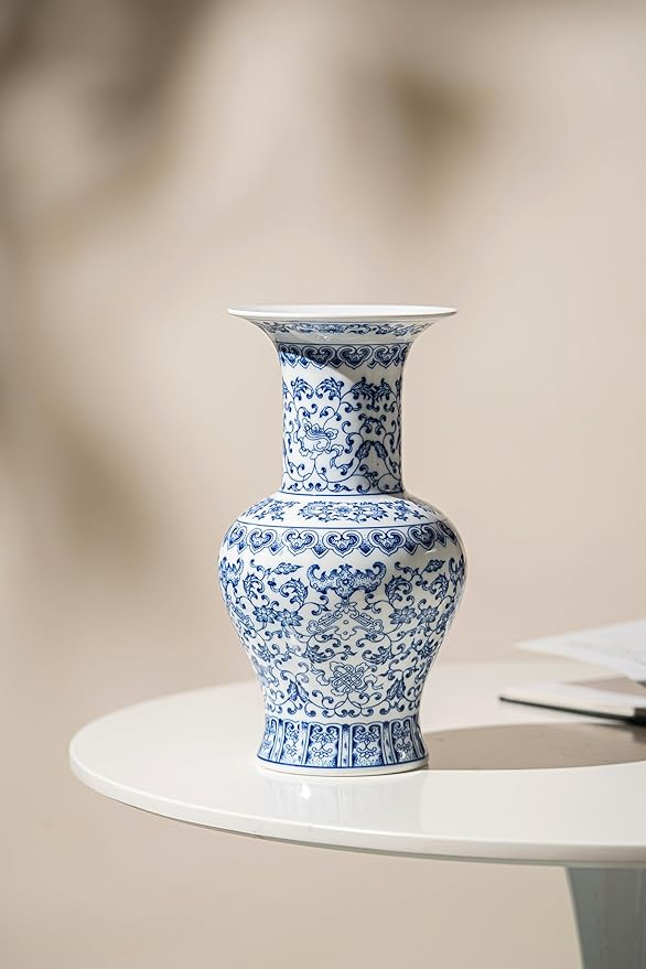 Vintage Blue and White Porcelain Vase, Chinoiserie Ginger Jar Vase for Home Decor, Flower Vase for Tabletop, 12" H