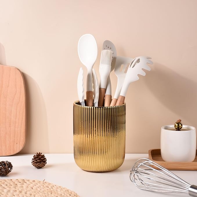 Utensil Holder, Ceramic Kitchen Gold Utensil Holder for Countertop,Cooking Utensil Crocks for Kitchen Counter 5.1 W x 6.6 H inches（stripes）