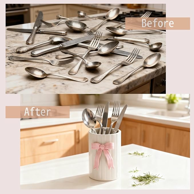 Handmade Pink Bow Ceramic Utensil Holder, 3D Coquette Cooking Utensil Crock for Kitchen Counter, Preppy Storage Caddy Organizer Vase Decor for Kitchen Countertop