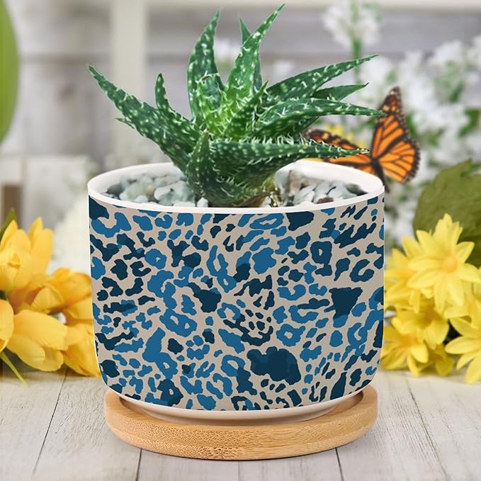 Leopard Blue and Light Brown Dot Ceramic Planter African Tribal Animal Print Snake Plant Live Indoor with Pot with Drainage Holes and Saucers Pot for Home Desktop Office Windowsill