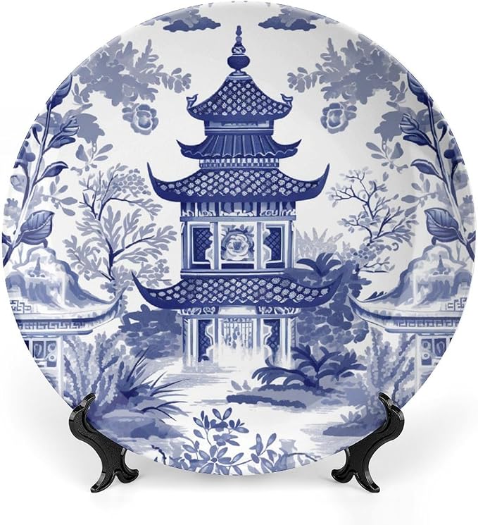 Fashion Plates Chinoiserie Blue Asian Pagoda Custom Decor for Housewarming Gifts Office Wedding Club Porcelain Dessert Plate Set Unique Art with Stand, Multi Sizes by Choosing, Gifts for Men Women