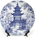 Fashion Plates Chinoiserie Blue Asian Pagoda Custom Decor for Housewarming Gifts Office Wedding Club Porcelain Dessert Plate Set Unique Art with Stand, Multi Sizes by Choosing, Gifts for Men Women