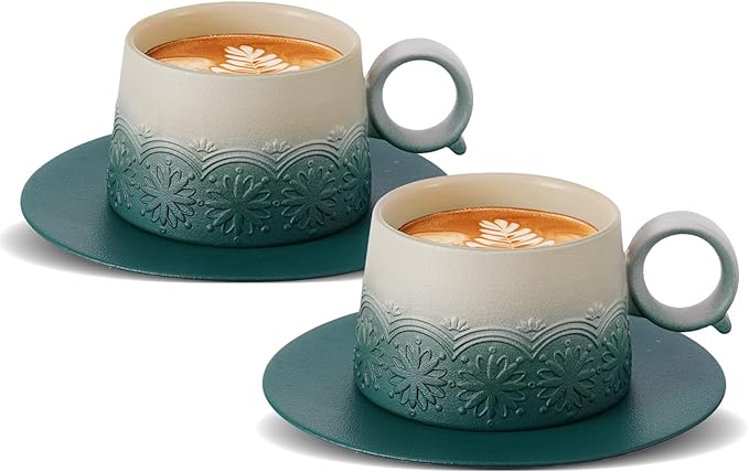 ZENS 7.3 Ounce Cappuccino Mug Set of 2, Artistic Embossed Cappuccino Cups Set with Saucers, Ceramic Coffee Cups for Double Espresso, Au Lait, Latte or Tea, Coffee Lovers Gifts, Dark Green