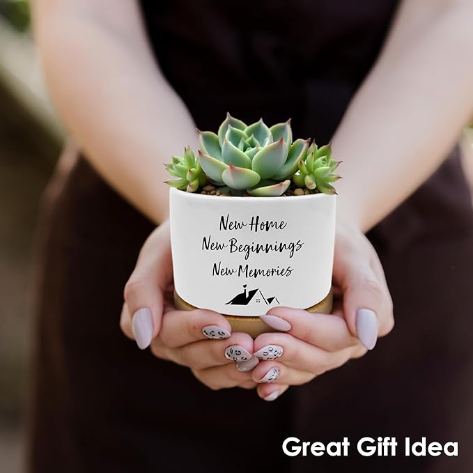 Housewarming Gifts New Home Plant Pots, Homeowner Hostess Gifts Succulent Planters, New Home Beginnings Memories Ceramic Plant Flower Pots for Home Office Desk Table Shelf(No Plants)
