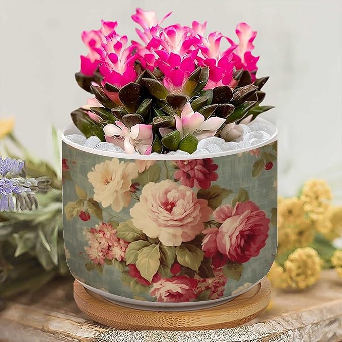 Set of 5 Cottage Chic Antique Pink Flower Small Succulents Pots Pink Cabbage Roses Romantic Planters Ceramics with Drainage Holes Chinoiserie Asian Cactus Planter for Indoor