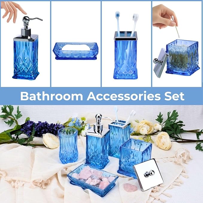 Bathroom Accessories Set,5 Pcs Blue Glass Bathroom Accessory Set,Complete Lotion Soap Dispenser, Toothbrush Holder,Soap Dish,Tumbler & Jar,Modern Bathroom Decor Sets Gift,Square