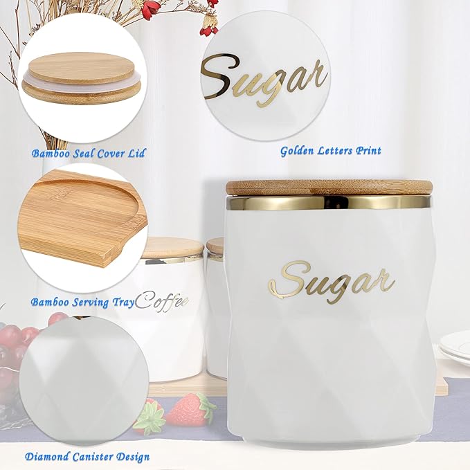 JUXYES Set of 3 Ceramic Canisters Set for Sugar Coffee Tea, Luxurious Storage Containers Set with Lids Decorative Storage Pots White Ceramic Storage Jar for Kitchen Counter Dining Room