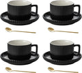 8 Ounce Cappuccino Cups Set of 4, Latte Mugs with Saucers and Spoons, Black Ceramic Coffee Mugs Tea Cups for Cappuccino Latte Mocha Au Lait Macchiato Cafe