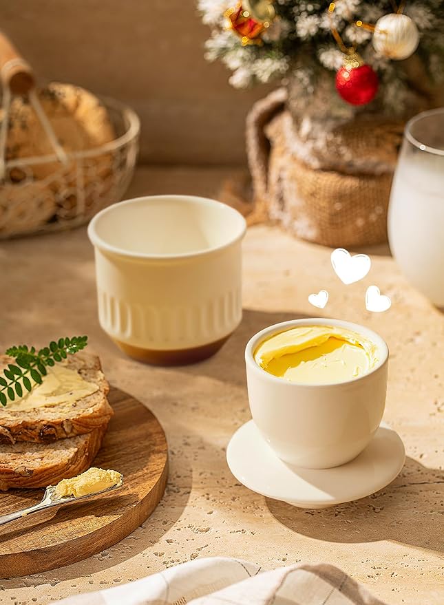Sweese Embossed French Butter Crock with Water, Ceramic Butter Keeper with Lid for Countertop, Vintage White & Ochre Butter Dish, Dishwasher & Microwave Safe