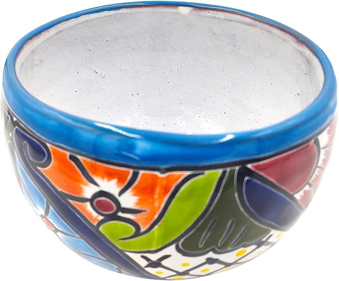Cactus Canyon Ceramics Talavera Ceramic Planter, Hand-Painted Mexican Floral Print Plant Pot, Indoor Outdoor Round Bowl with Drainage Hole, Rustic Terracotta Decor, 8.5 Inch, Light Blue Multicolor