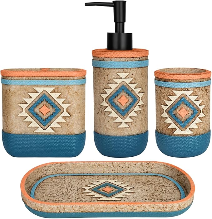 Bathroom Accessory Sets 4PCs Bathroom Set Complete Tribal Home Decor Southwest Pattern Shape Includes Lotion Dispenser Toothbrush Holder Tumbler Cup & Vanity Tray