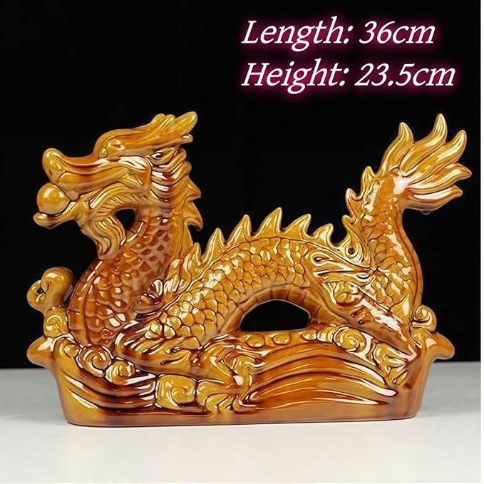 Animal Ornament Sculpture Ceramic Zodiac Dragon Sculpture Asian Feng Shui Ornaments Symbolize Power and Nobility Earthy Yellow