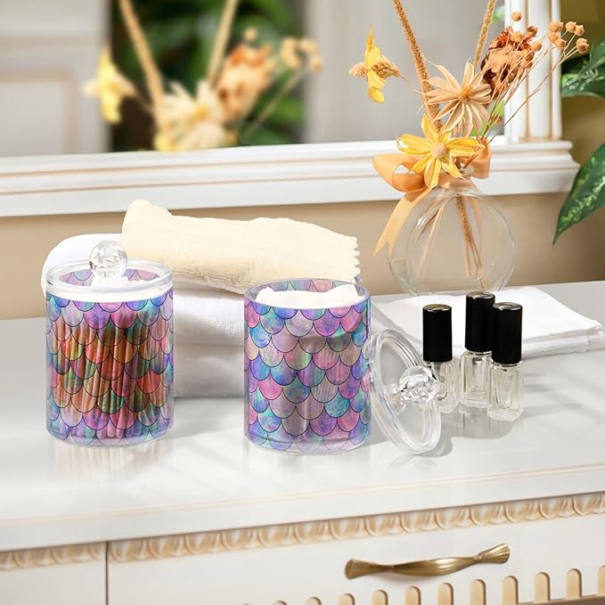 MNSRUU 4 Pack Qtip Holder Organizer Dispenser Colorful Mermaid Scales Bathroom Containers Bathroom Vanity Storage Canister Apothecary Jars for Cotton Swabs/Pads/Floss