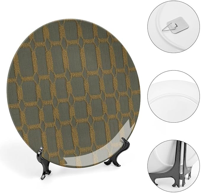 Geometric Ikat Check in Golden Decorative Plate of 6", 7", 8", 10", Custom Christmas Design Ceramic Hanging Decorative Plate Gifts Club Kitchen Decorations Display, Including Bracket And Special Hook