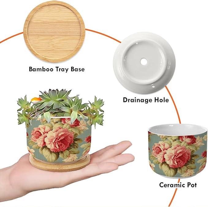 3 Piece Ceramics Planter Pink Cabbage Roses Romantic Small Pots for Succulents Cottage Chic Antique Pink Flower Houseplant Pot for Succulent Japanese Chinoiserie Plant Pot