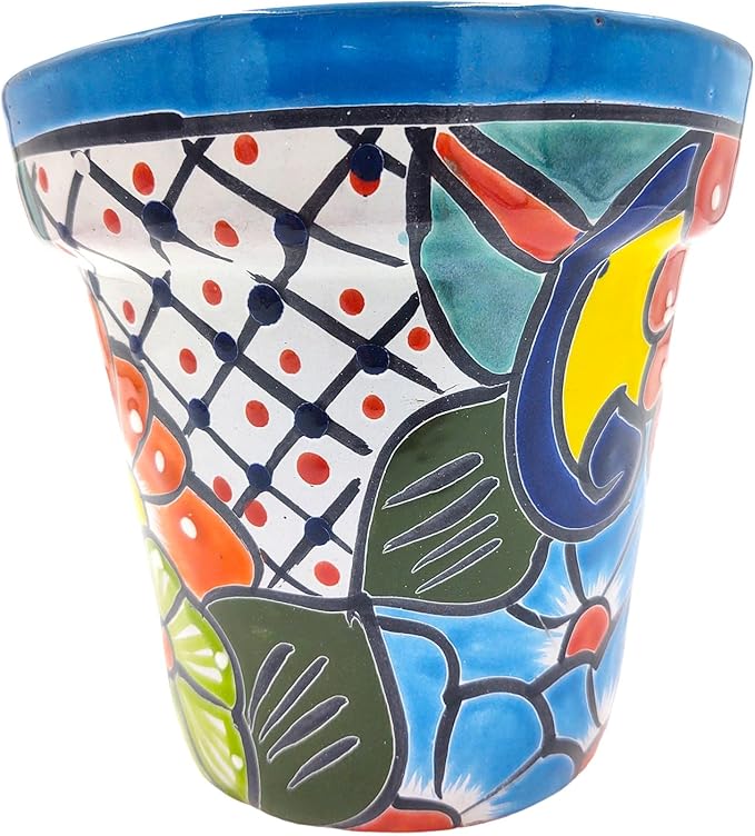 Cactus Canyon Ceramics Talavera Planter, Hand-Painted Mexican Traditional Ceramic Pot with Drainage Hole, Indoor Outdoor Rustic Botanical Terracotta, 7 Inch, Red Multicolor