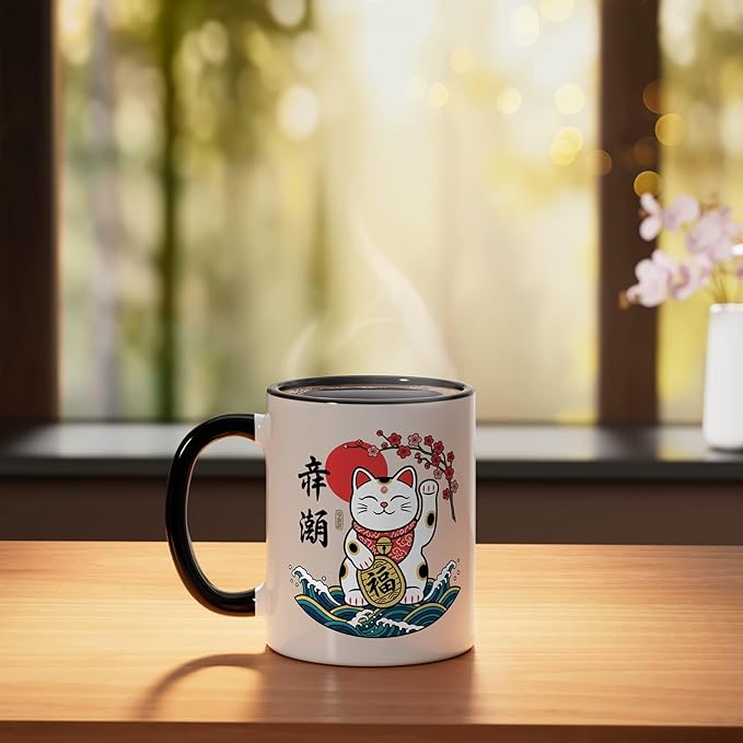 Cat Japanese Lucky Maneki Cat, Lucky Cat With & Bloss Ceramic Mug, Black/White