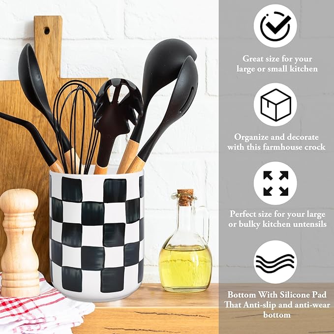 JarThenaAMCS Checkered Ceramic Utensil Holder Watercolor Black White Plaid Utensil Crock for Home Kitchen Countertop Storage Organizer, Set of 2