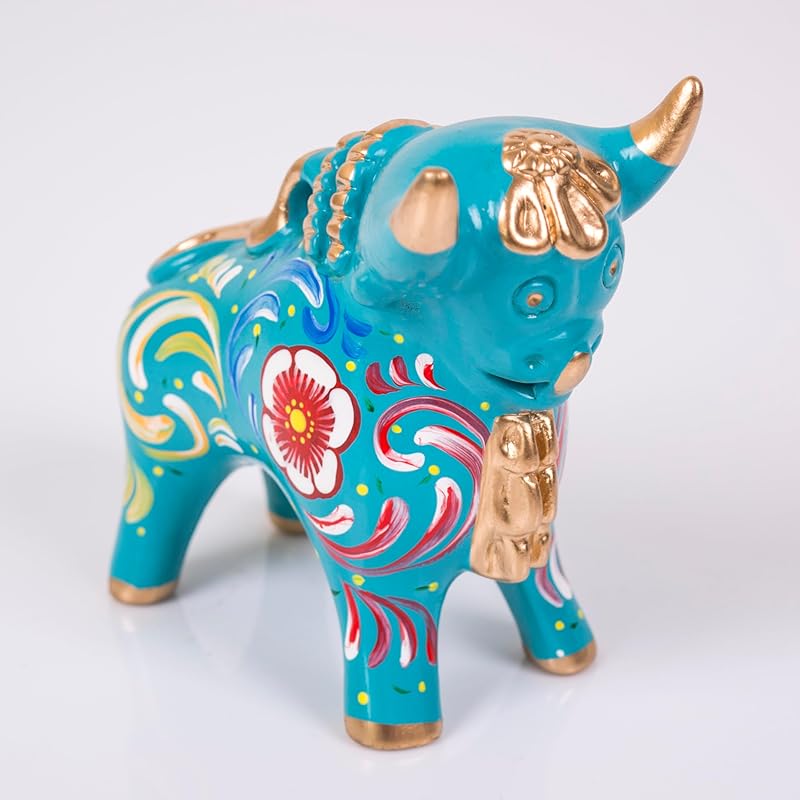 Turquoise Figurine Pucara Bull 4.7"H, Ceramic Bull Pucara, Peru Folk art, Pottery Sculpture Bull, sculpture made of clay, Unique Gift Peru