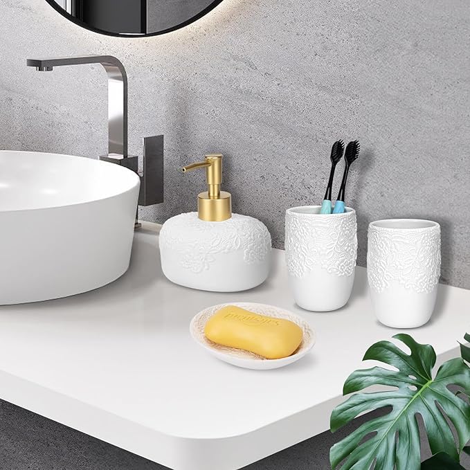 Bathroom Accessories Set, 4pcs Ceramic with Embossed Design Look Sets Bathroom Soap Dispenser with Rust-Proof Plastic Pump 13.5oz & 2Pcs Ceramic Cup, 1Pcs Soap Dish