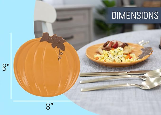 Nat & Jules Pumpkin Shaped 8 x 8 Inch Ceramic Small Dining Plates: Perfect for Thanksgiving, Halloween and Indoor Fall Table Décor & Service - Set of 4, Orange