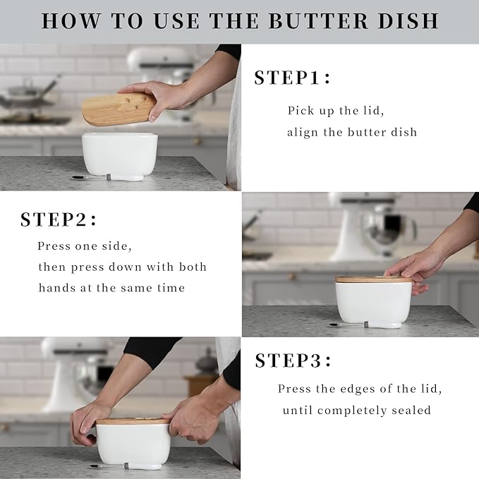 GDCZ Large Ceramic Butter Dish for Countertop - Butter Keeper with Silicone Sealing, Natural Wooden Lid and Stainless Steel Knife, Kitchen Decor for Kitchen Gifts (White Larger Capacity)