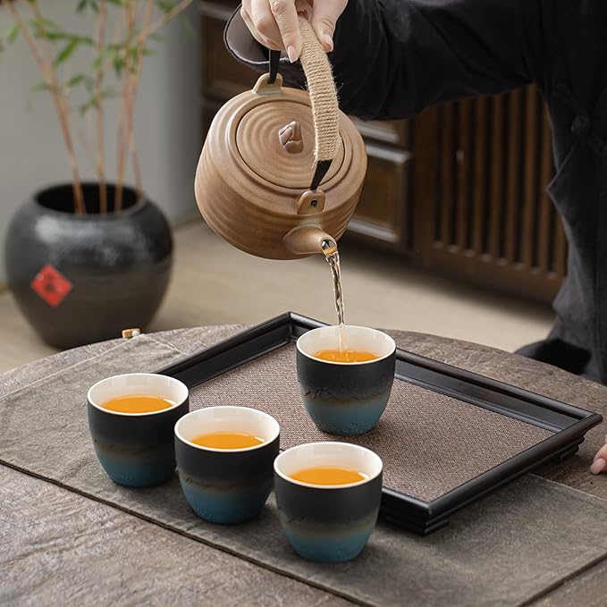 TEANAGOO Ceramic Japanese Tea Cups Set of 4pcs, 5.4oz/160ml Elegant Ceramic Matcha Cups with Flat Base, Gradient Navy Blue Handleless Coffee Mugs, Microwave & Dishwasher Safe, Beautiful Gift Box