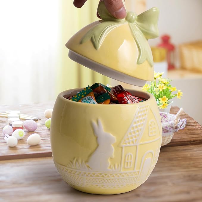 Easter Bunny Cookie Jar with Lid, Yellow Egg Candy Jar, Embossment Bunny Decorative Ceramic Storage Container Jar, Yellow Easter Bunny Egg Decorations for Home Kitchen Indoor Best Easter Gift