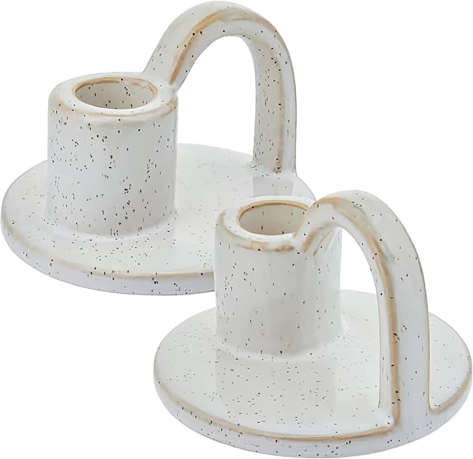 Ceramic Taper Candle Holders with Handle (Set of 2) – Tall Candlestick Holders for Table Decor Centerpieces, Rustic Home Décor, and Dinner Table Styling Glazed White