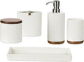 Bathroom Accessories Set, 5-Piece Ceramic and Wood Bath Accessory Complete Set with Lotion Dispenser/Soap Pump, Cotton Jar, Vanity Tray, Tumbler and Toothbrush Holder (White and Beige)