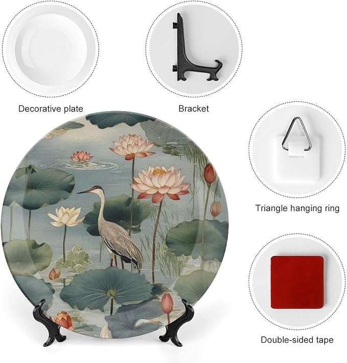 Birds And Lotus Flowers Fashion Plates for Display Art Decoration Table Supplies Household Wall Holiday Party Decorations Personalized Gifts for Men Women Halloween, 6", 7", 9", 10"