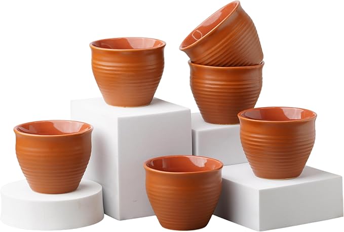 Handmade Cantaritos de Barro Mini Shot Ceramic Cups Set – 6 Desi Kulhad Chai/Coffee Cups (4 oz Capacity), Lead-Free, Dishwasher & Microwave Safe, Glossy finish Clay Tea Cups/kulhar/kullar - Brown