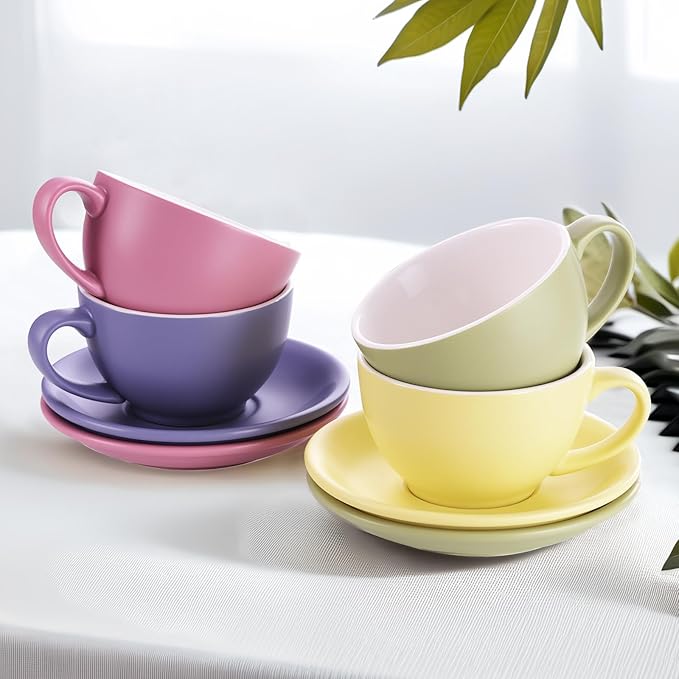Yundu Matte Color Cappuccino Cups Set of 4-10oz Ceramic Latte Mugs with Saucers, Elegant Espresso Cups for Coffee & Tea