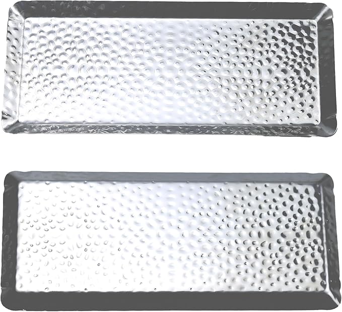 10x4inch Hammered Rectangular Tray, Stainless Steel Decorative Serving Tray, Silver Platter for Kitchen, Bathroom, Bar, Vanity Storage