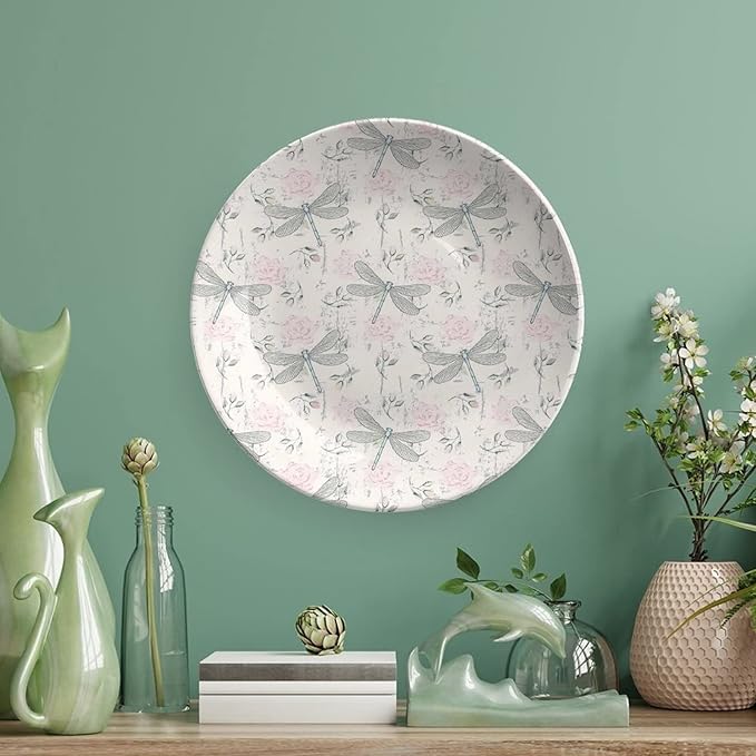 XISUNYA 8 Inch Decorative Plate, Dragonfly Porcelain Plate, Chic Roses Vintage Moth Bugs Print Ornament Display Plate Decor Accessory for Dining, Parties, Wedding
