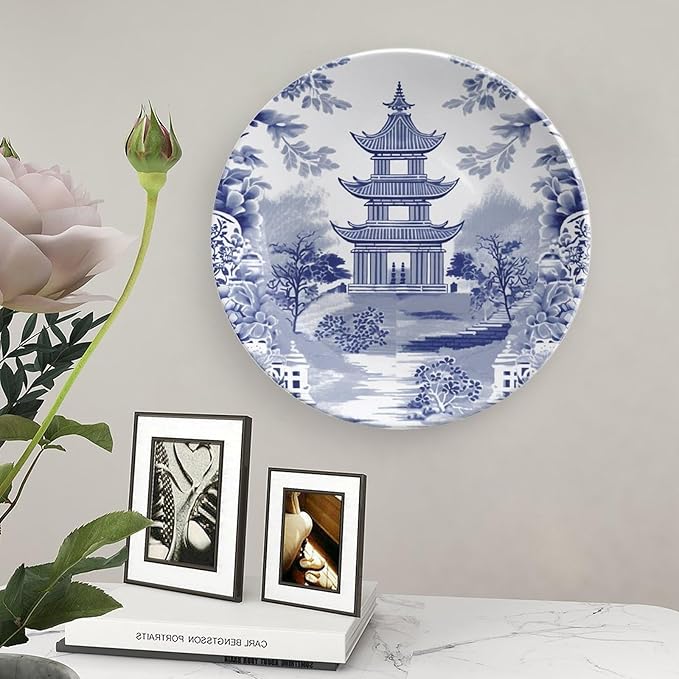 Chinoiserie Blue Asian Pagoda Ceramic Decorative Plate for Display Festival Art Decoration Supplies Home Wedding Holiday Party Decorations Customize Gifts for Men Women Anniversary, 6", 7", 9", 10"