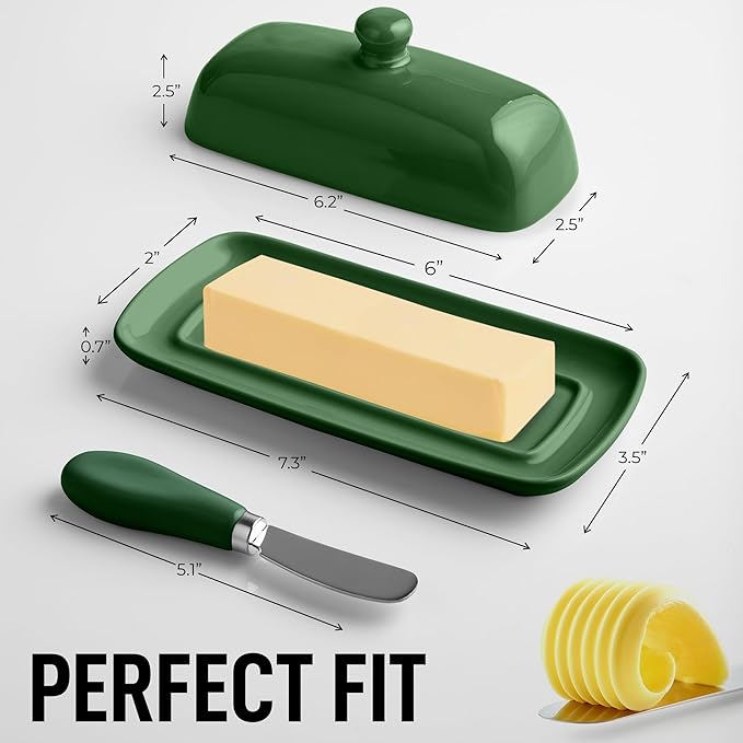 Zulay Butter Dish With Lid For Countertop - Porcelain Jade, Ceramic Butter Dish with Knob Handle Great for Cooking - Elegant Design Butter Holder - Durable & Sturdy Butter Keeper - Jade