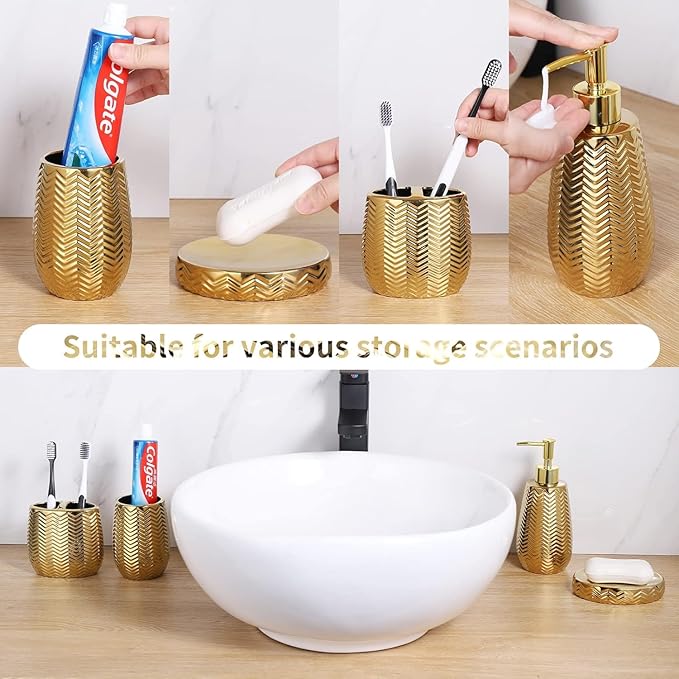 Bathroom Accessories Set 4 Pcs, Gold Ceramic Bathroom Accessories Complete with Soap Dispenser, Toothbrush Holder, Bathroom Tumbler, and Soap Dish - Modern Bathroom Decor