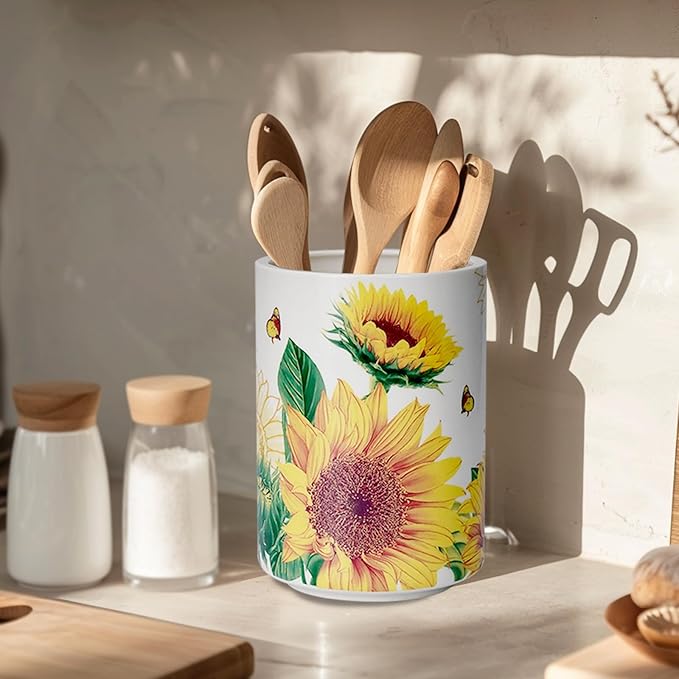 Sunddo Sunflower Utensil Holder, 6.7" Large Utensil Crock, Ceramic Cooking Utensil Holder for Kitchen Counter, Utensil Organizer for Kitchen Decor