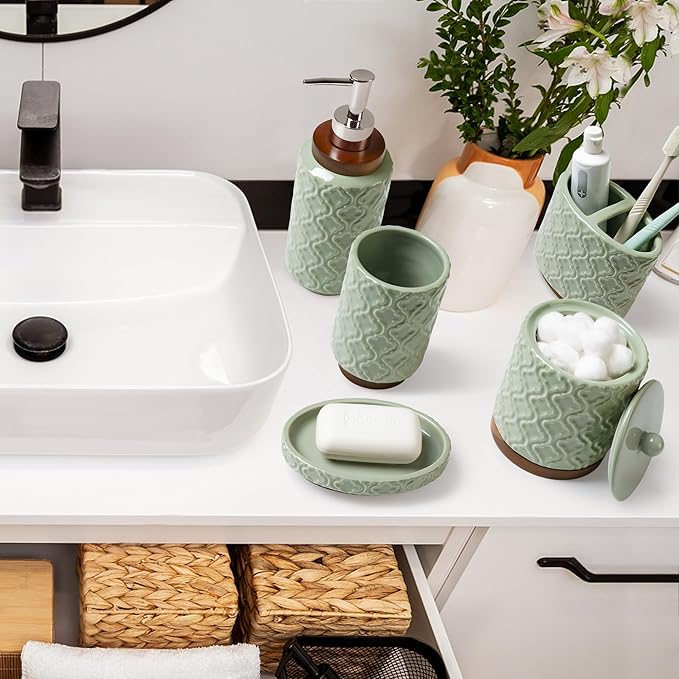 Elegant 5 PCS Ceramic&Wood Bathroom Accessories Set:Soap Dispenser,Toothbrush Holder,Tumbler,Soap Dish,Cotton Swab Jar,Easy to Clean,Quatrefoil Pattern,Green-Affordable Home Luxury