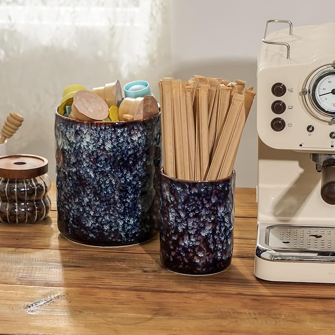 Utensil Holder, 7.25"+5.25" Ceramic Kitchen Utensil Holder for Countertop, Large Cooking Utensil Crocks Gift for Mother's Day, Home Kitchen Decor, Parties,Set of 2, Speckled Black Purple