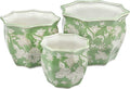 Galt International Green & White Round Fluted Floral Porcelain Ceramic Plant Flower Planter Pot Set of 3 (7.5", 10", 13") Garden Pots Chinese Asian Design