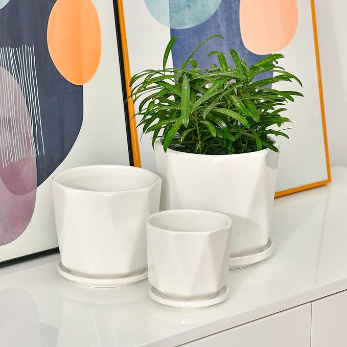 Octagon Ceramic Plant Pots - Indoor White Flower Planter Set with Drainage Holes, 6.7/5.5/4.7 Inch, Modern Decorative Planter Outdoor for Succulents Snakes and Herb