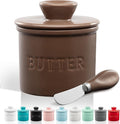 Zulay Kitchen Bell Shaped Butter Crock with Lid for Countertop with Water Line & Spreader Knife, Ceramic French Butter Dish Keeper For Fresh, Soft & Spreadable Butter - Coffee