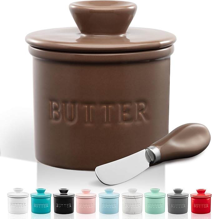 Zulay Kitchen Bell Shaped Butter Crock with Lid for Countertop with Water Line & Spreader Knife, Ceramic French Butter Dish Keeper For Fresh, Soft & Spreadable Butter - Coffee