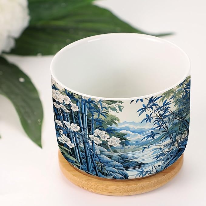 Blue and White Asian Scenery Ceramics Plant Pot Set of 5 Blue Bamboo and Flower Cactus Planter for Indoor with Drainage Holes Asian Scenery Chinoiserie Small Ceramics Pots for Plants