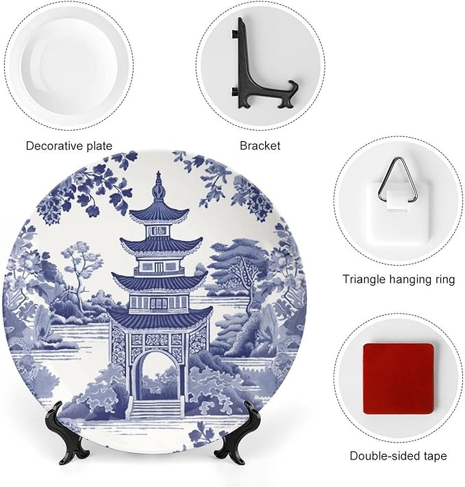 Chinoiserie Blue Asian Pagoda Decorative Plate of 6", 7", 9", 10", Custom Hanging Decorative Tiles, Club Table Decorations Office, with Vertical Stand